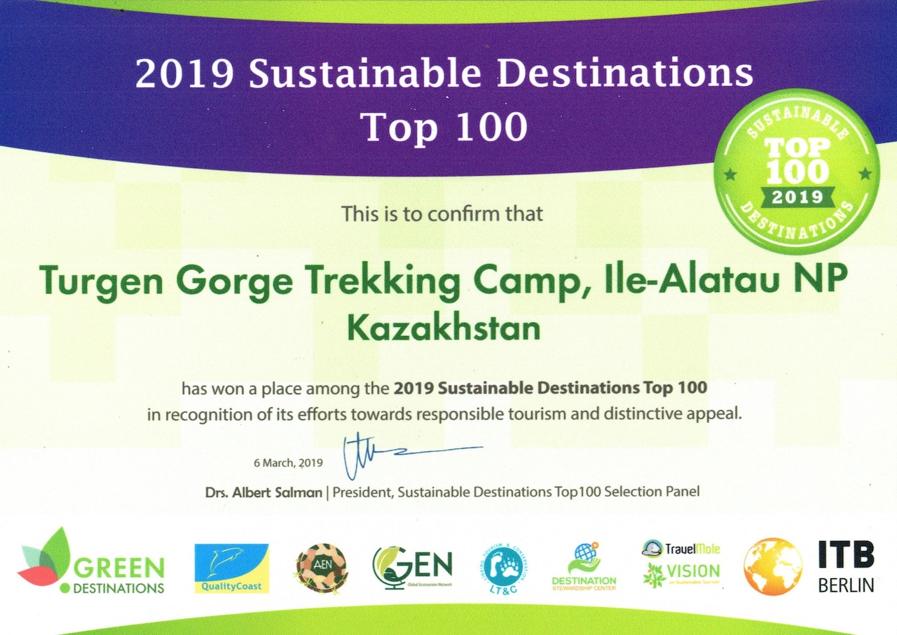 Certificate of finalist of the Top 100 Sustainable Destinations of the World