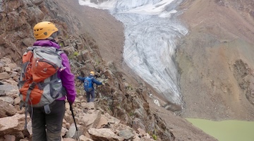 walking over Manshuk glacial lake