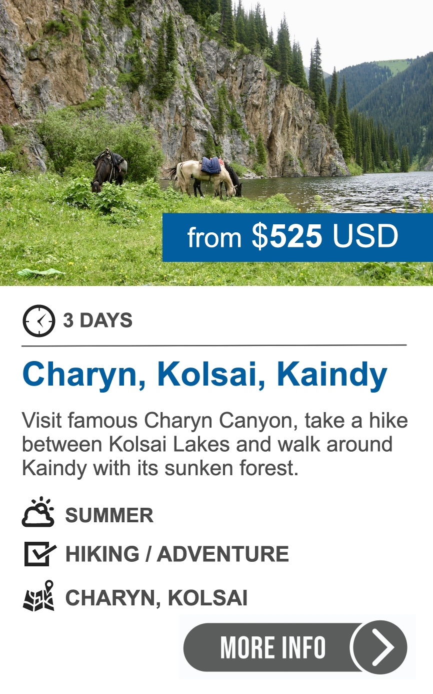 3-day tour via Charyn, Kolsai and Kaindy lakes