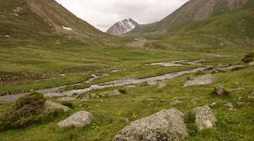 Winding alpine stream flowing between grassy slopes and scattered boulders towards a distant rocky, snow-covered peak