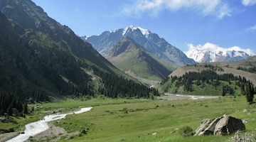 Green mountain valley with a winding river, conifer forests and snow-covered peaks