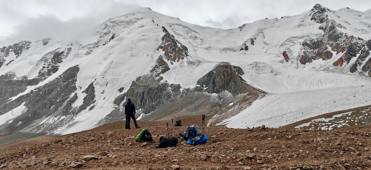 Snow-covered peaks, glaciers and rocky ridges in the Northern Tien Shan mountains, Kazakhstan