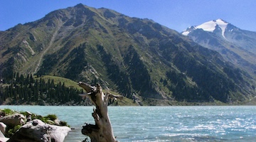 Big Almaty Lake shoreline with driftwood, mountain slopes and snow-covered peaks